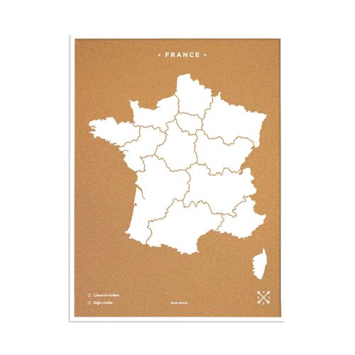 Carte en Liège - Woody Map Naturel France / 90 x 60 cm / Blanc / Cadre Blanc