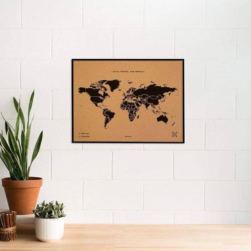 Carte du monde en liège - Woody Map Natural World / 60 x 45 cm / Noir / Cadre noir