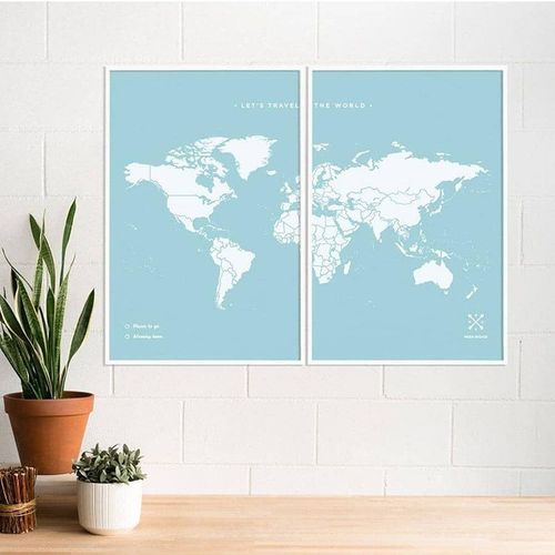 Carte en liège - Woody Map Colors Bleu / 120 x 90 cm / Cadre blanc