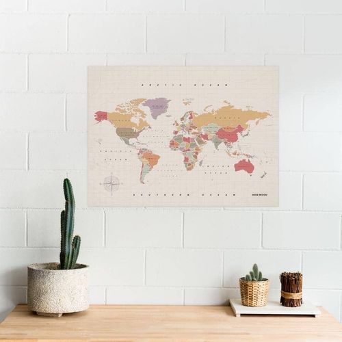 Carte du monde en liège ¿ Carte boisée aquarelle tropicale / 90 x 60 cm / sans cadre