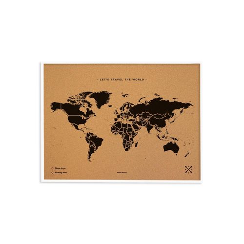 Carte du monde en liège - Woody Map Natural World / 60 x 45 cm / Noir / Cadre blanc