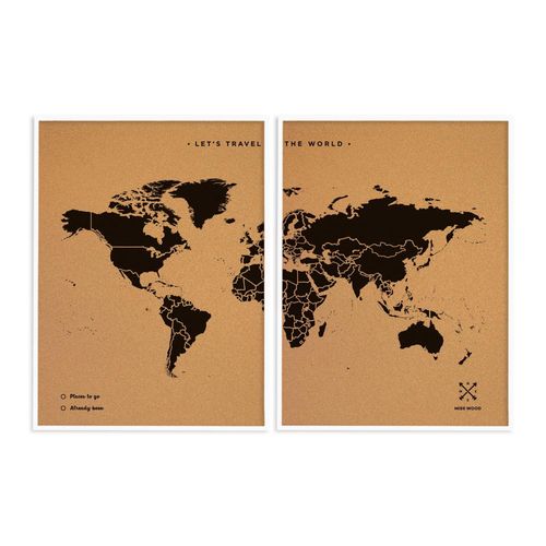 Carte du monde en liège - Woody Map Natural World / 120 x 90 cm / Noir / Cadre blanc