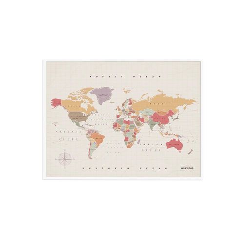 Carte du monde en liège ¿ Carte boisée aquarelle tropicale / 60 x 45 cm / cadre blanc