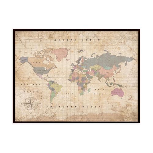 Carte du monde en liège ¿ Woody Map aquarelle Old School / 90 x 60 cm / cadre noir