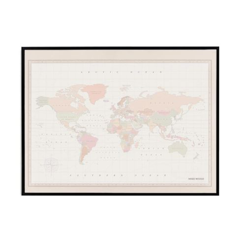 Carte du monde en liège - Woody Map Aquarelle Colonial / 90 x 60 cm / Cadre Noir