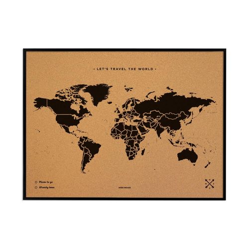 Carte du monde en liège - Woody Map Natural World / 90 x 60 cm / Noir / Cadre noir
