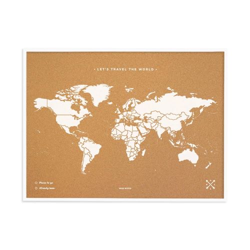 Carte du monde en liège - Woody Map Natural World / 90 x 60 cm / Blanc / Cadre blanc