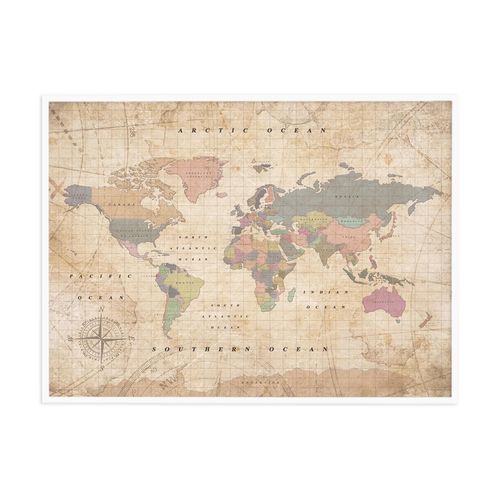 Carte du monde en liège - Woody Map Aquarelle Old School / 90 x 60 cm / Cadre Blanc