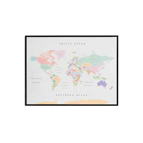 Carte du monde en liège - Woody Map aquarelle rétro / 60 x 45 cm / cadre noir