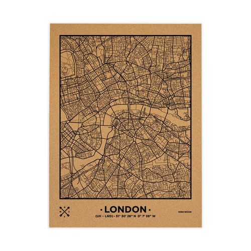 Carte en liège ¿ Woody Map Natural London / 90 x 60 cm / Noir / Sans cadre
