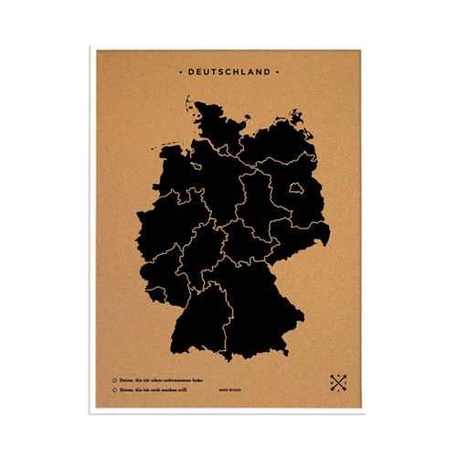 Carte en liège - Woody Map Naturel Allemagne / 90 x 60 cm / Noir / Cadre blanc