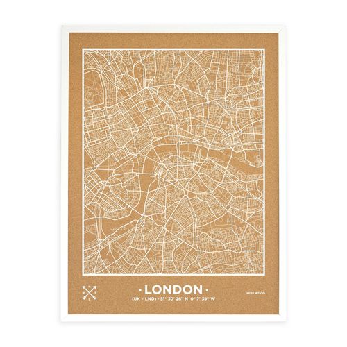 Carte en liège ¿ Woody Map Natural London / 90 x 60 cm / Blanc / Cadre blanc