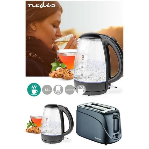 Bouilloire Noire en Verre 1,7L Sans Fil 2200W Arre?t automatique + Grille-pain Noir 2 Fentes 700W