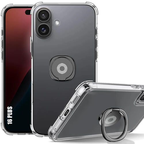 Coque Silicone Pour Iphone 16 Plus, Antichoc Transparent Avec Support Bague Noir Réglable - E.F.Connection