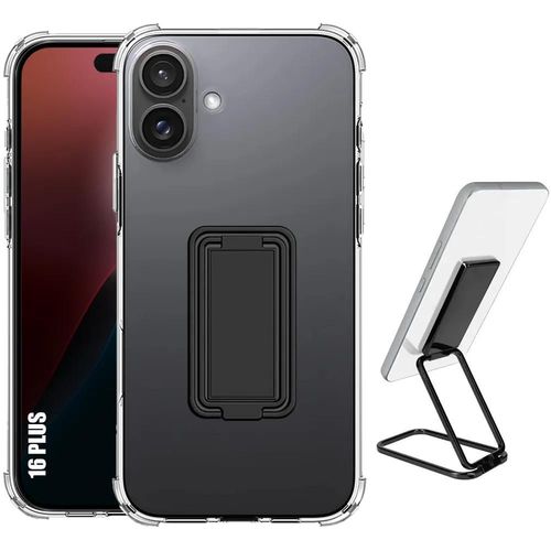 Coque Pour Iphone 16 Plus, Silicone Transparent Antichoc Avec Support Ajustable Métal Noir - E.F.Connection