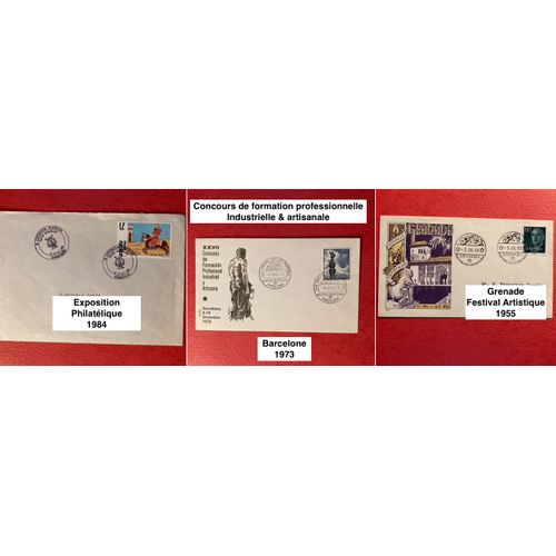 Espagne : 7 Enveloppes Philatéliques (1955/88 - Premier Jour D¿ Émission-Évènements) / 51 Timbres Oblitéres (Dont 7 Sur Coins D¿Enveloppe - Doublons)