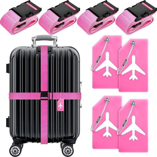 Lot de 8 sangles de bagages ensemble d'¿¿tiquettes de valise, ceinture de valise r¿¿glable de voyage ¿¿tiquettes de bagage en silicone avec carte d'identit¿¿ nominative homme femme accessoires de voyage