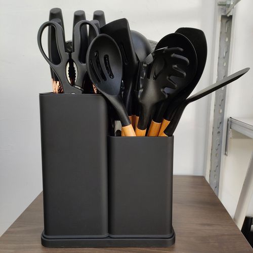 Ensemble De 19 Ustensiles De Cuisine En Silicone Avec Manche En Bois, Ustensiles De Cuisine, Couteaux De Cuisine, Couteaux De Couleur, Tonneau De Rangement Avec Manche En Bois, Ustensiles De Cuisine 19 Pieces (Noir 2400g)