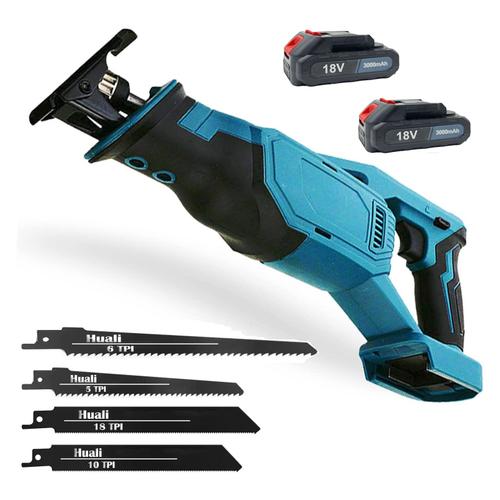 Scie Sabre sans Fil 18V, avec Batterie 2*3,0Ah, Scie Sabre à Batterie, Scie alternative sans fil avec 4 lames, lumière LED, 0-3000 SPM, pour couper le bois, plastique