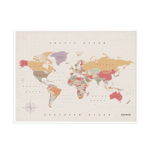 Carte du monde en liège ¿ Carte boisée aquarelle tropicale / 90 x 60 cm / cadre blanc