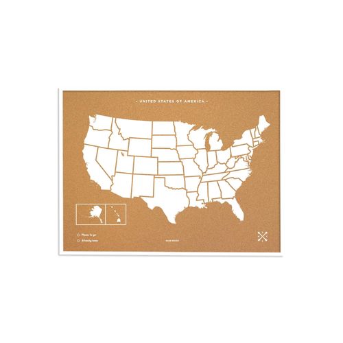 Carte en liège - Woody Map Natural USA / 60 x 45 cm / Blanc / Cadre blanc