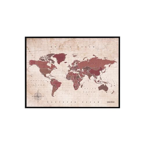 Carte du monde en liège ¿ Woody Map aquarelle antique/60 x 45 cm/cadre noir