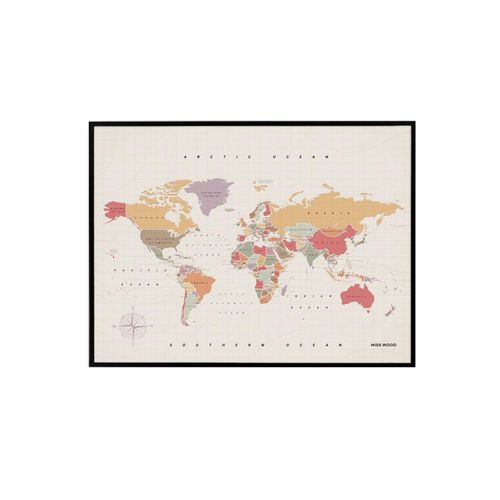 Carte du monde en liège ¿ Carte boisée aquarelle tropicale / 60 x 45 cm / cadre noir