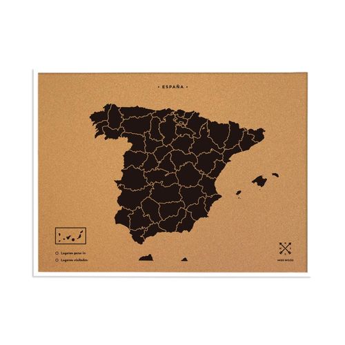 Carte en liège ¿ Carte Woody Espagne Naturelle / 90 x 60 cm / Noir / Cadre Blanc