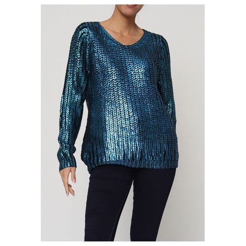 Pull Col V Métallisé Bleu Femme