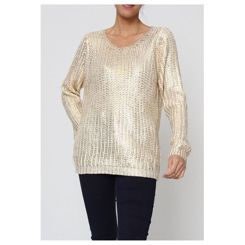 Pull Col V Métallisé Beige Femme
