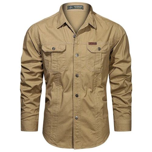 Chemise En Coton À Manches Longues Pour Homme,Chemise Multi-Poches,Randonnée En Plein Air,Camping,Gardien,Document Solide,Grande Taille