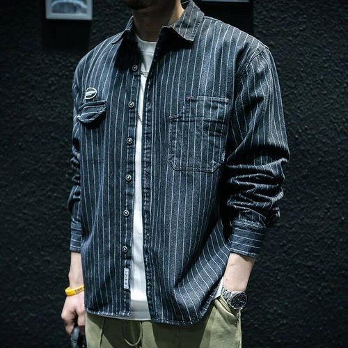 Chemise À Manches Longues Rayée En Denim Pour Hommes,Grand Manteau De Travail Décontracté,Trekking En Plein Air,Voyage,Camping,Vêtements D'outillage,Printemps,Automne