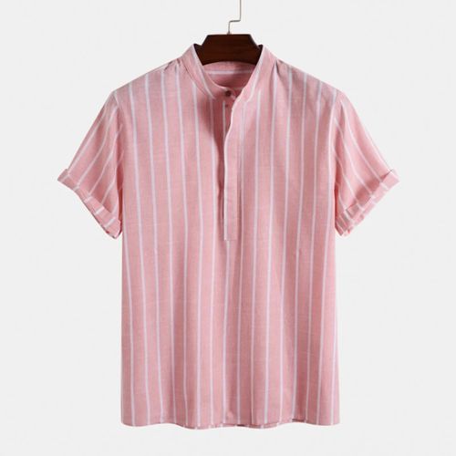 Chemise Rayée À Manches Courtes Pour Homme,Vêtement En Coton Et Lin,Couleur Unie,Col Rabattu,Style De Plage Décontracté,Pull