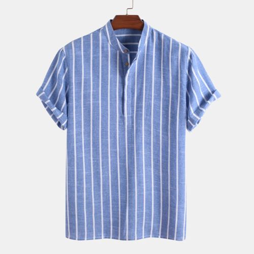 Chemise Rayée À Manches Courtes Pour Homme,Vêtement En Coton Et Lin,Couleur Unie,Col Rabattu,Style De Plage Décontracté,Pull