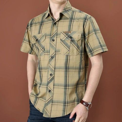 Chemise À Carreaux À Manches Courtes Pour Hommes,Surchemise Respirante,Coupe Couvertes,Manteau Décontracté En Coton,Salle De Sport,Été,Style