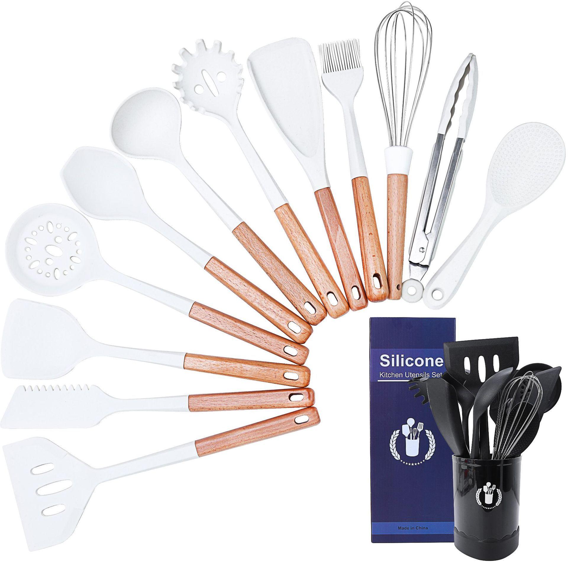 Manche En Bois Ustensiles De Cuisine En Silicone Ensemble De... - 2