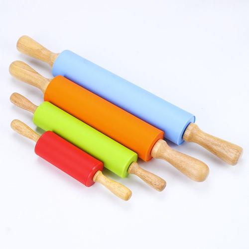 Rouleau A Pâtisserie En Silicone Manche En Bois Massif Rouleau Antiadhésif Bâton De Farine Boulette Bâton Outil De Cuisson, 23cm Orange-Multicolore