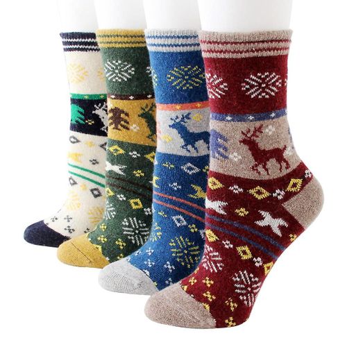 4 Pairs Women Girls Winter Thicken Woolen Long Crew Tube Socks Cute Cartoon Chri