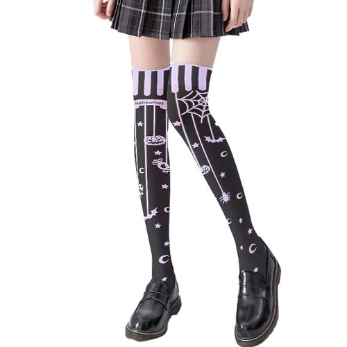 Japanese Lolita Anime Kawaii Thigh High Stockings Women Gothic Punk For Cross For Butterfly Pumpkin Spider Print Over Kn