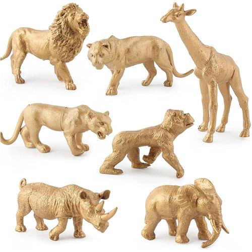 Safari Zoo Lot De 7 Figurines D'animaux Doré Mini En Plastique Animaux De La Jungle Jeu D'animaux Réalistes
