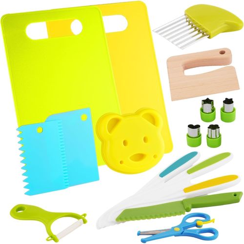 Waterywave 17pcs Kids Kitchen Cutter Set Real Kids Safety Toy Cutter Set Couteau Plissé Couteau Planche À Découper Y - Peeler Montessori Cooking Tool 3-12 Ans Fille Garçon (Style B)