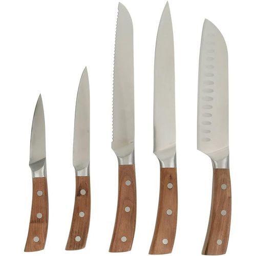 Pradel Héritage, Couteau Cuisine, Set De Couteaux De Cuisine Manche En Bois Noisetier, 5 Pièces, Couteau Chef, 2 Couteaux Santoku, 1 À Découper Et Couteau Office, Lames Inox 533704
