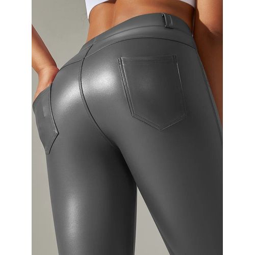 Leggings En Similicuir Pu Pour Femme Avec Poches,Pantalon Taille Haute,Velours Fin,Marron,Basique,Doux,Hiver