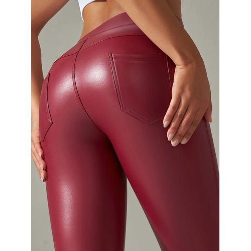 Leggings En Similicuir Pu Pour Femme Avec Poches,Pantalon Taille Haute,Velours Fin,Marron,Basique,Doux,Hiver