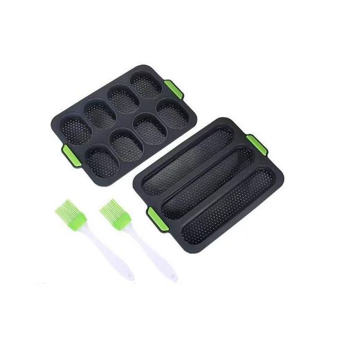 Moule A Gâteau Ovale Moule A Baguette + Ensemble De Pinceaux En Silicone, Huit Grilles Gris Foncé + Trois Fentes Gris Foncé + 2 Petits Pinceaux Verts