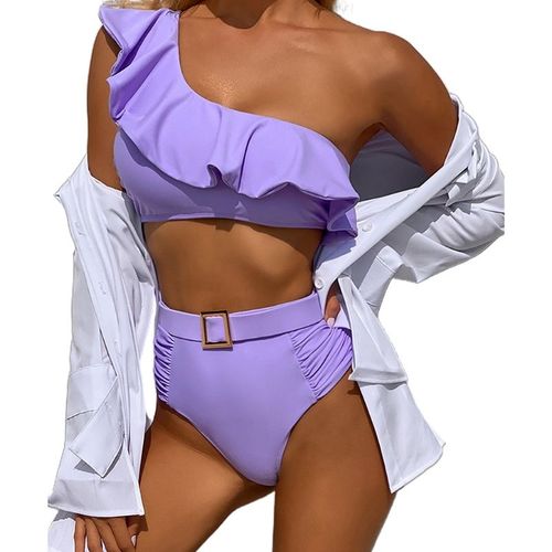 Maillot De Bain 2 Pièces Sexy Pour Femmes, Asymétrique Épaule Dénudée, À Volants, Haut Court, Taille Haute, Boucle, Ceinture, String, Couleur Unie, Costume De Bain