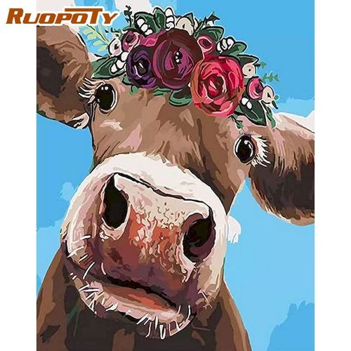 Kits de coloriage d'animaux par numéros pour adultes, cadre peint à la main, peinture à l'huile par numéros, fleur vache, décoration de maison, cadeau 40X50CM NO FRAME