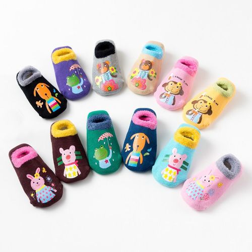 Chaussettes De Sol Antidérapantes En Caoutchouc, En Coton Éponge Épais Chaud Pour Bébé Garçon Et Fille, Chaussures D'intérieur Avec Animaux Pour Enfants Et Nourrissons, Hiver Et Automne