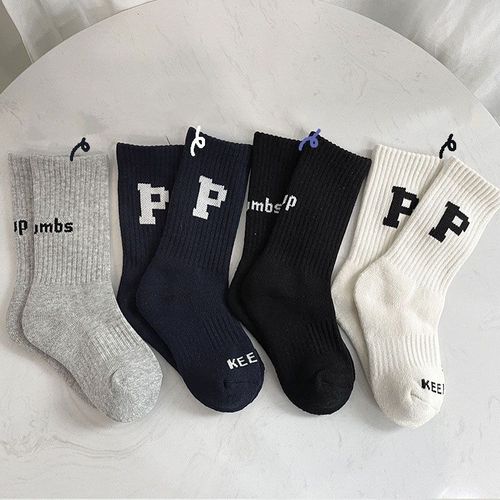 Bas En Coton Doux Pour Enfants De 3 À 12 Ans, Chaussettes Avec Lettres Blanches Solides Pour Filles Et Garçons, Articles De Sport, Printemps Automne Hiver