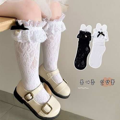 Chaussettes Longues À Volants En Dentelle Pour Filles, Maille Fine En Nylon, Princesse Coréenne Lolita, N¿Ud De Perles, Couleur Unie, Blanc, Bas Jusqu'aux Genoux
